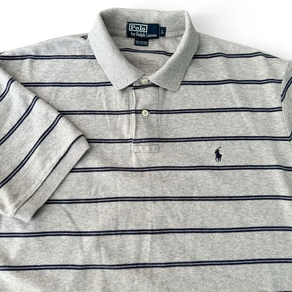 Ralph Lauren Polo Shirt Men L Gray Blue Stripe Golf Classic Cotton Pony Logo